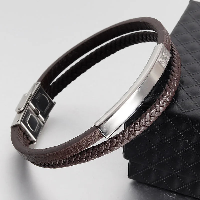Black Genuine Leather Bracelet - Stainless Steel Magnetic Clasp