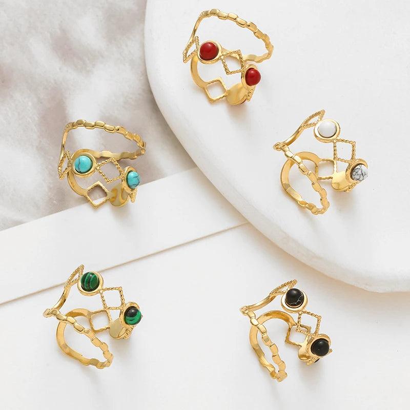 Trendy Layered Stone Ring - Stainless Steel Geometric Design