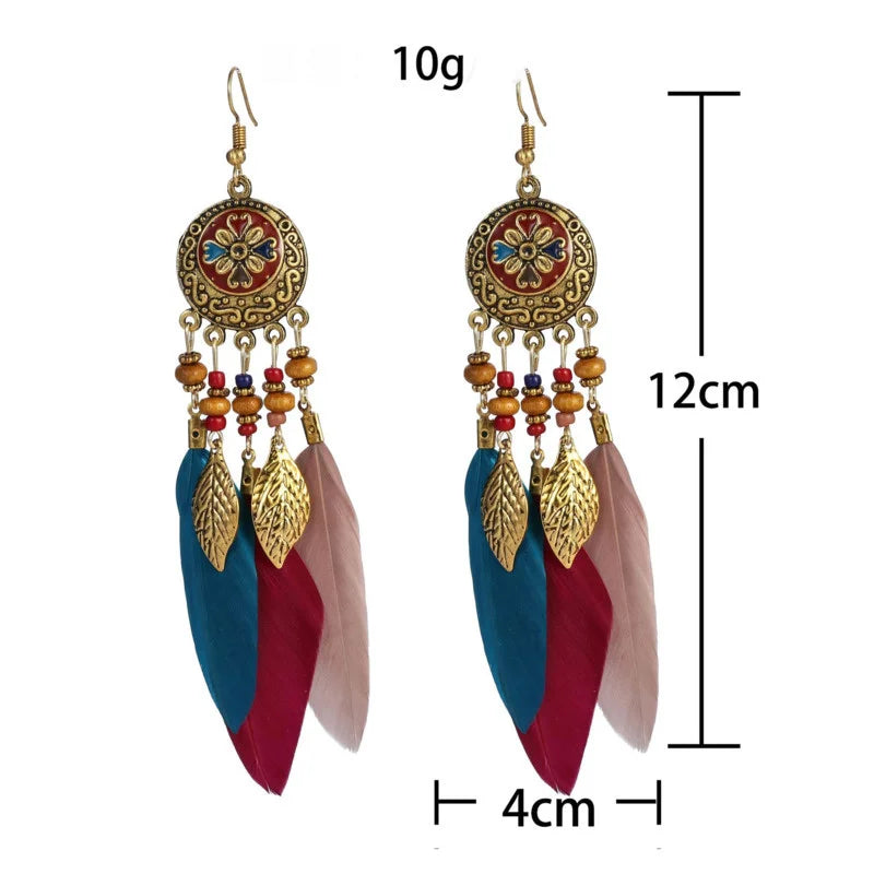 Vintage Bohemian Feather Drop Earrings - Long Tassel Design