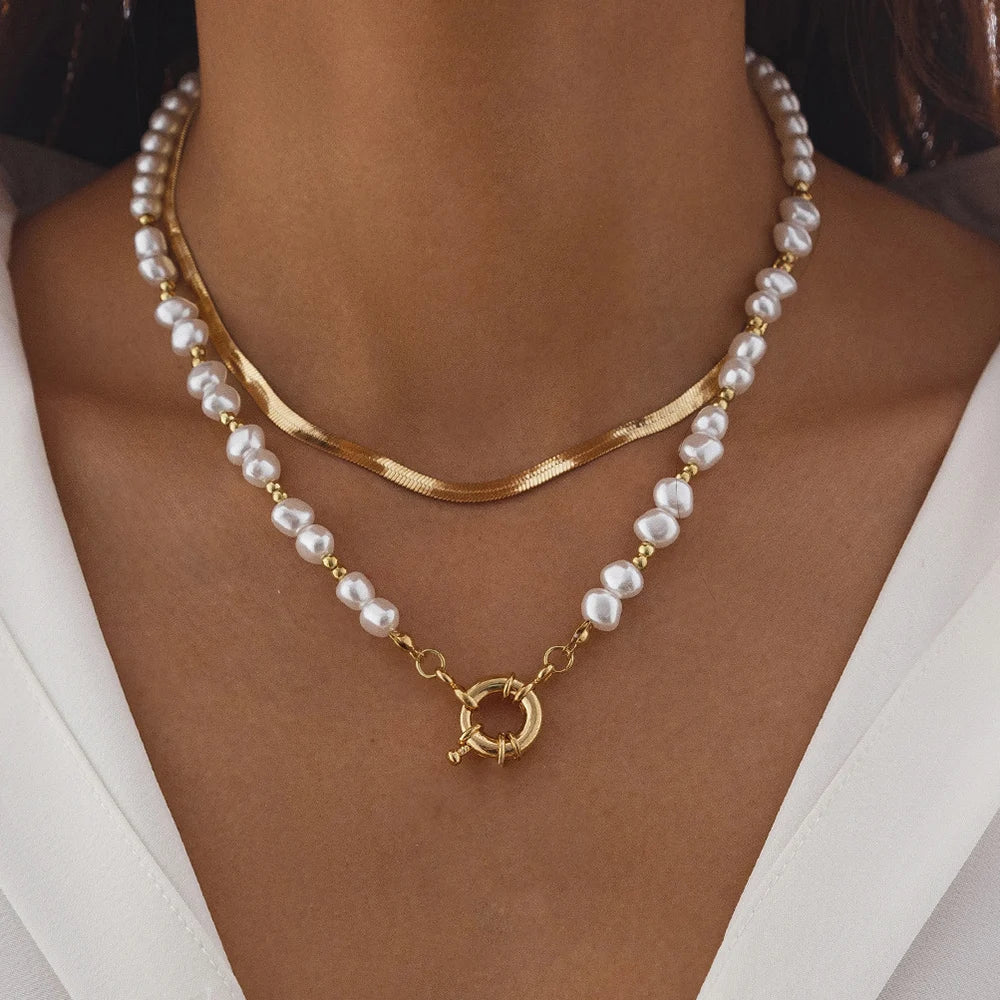 Layered Pearl and Chain Pendant Necklace