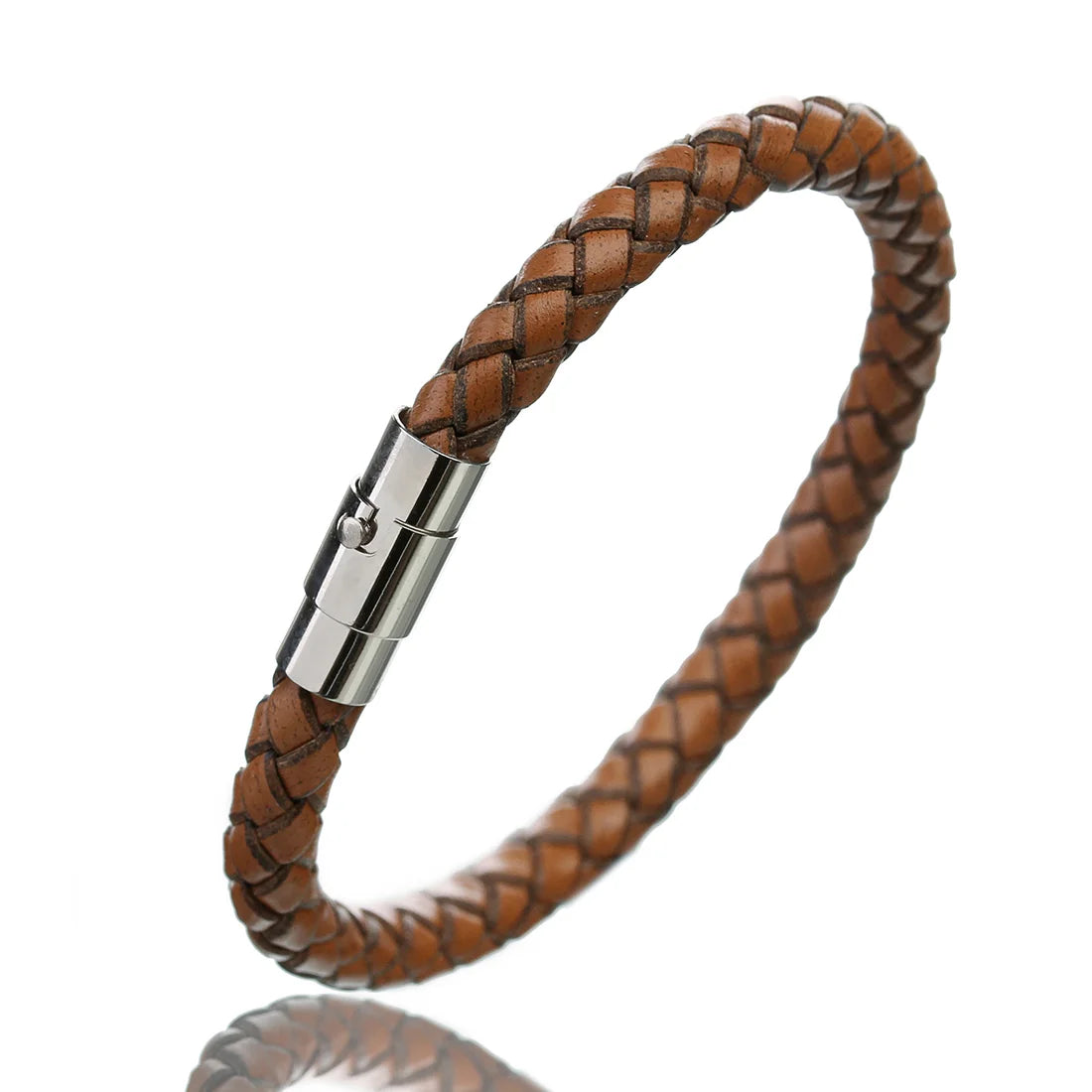 Genuine Braided Leather Bracelet - Stainless Steel Magnetic Clasp