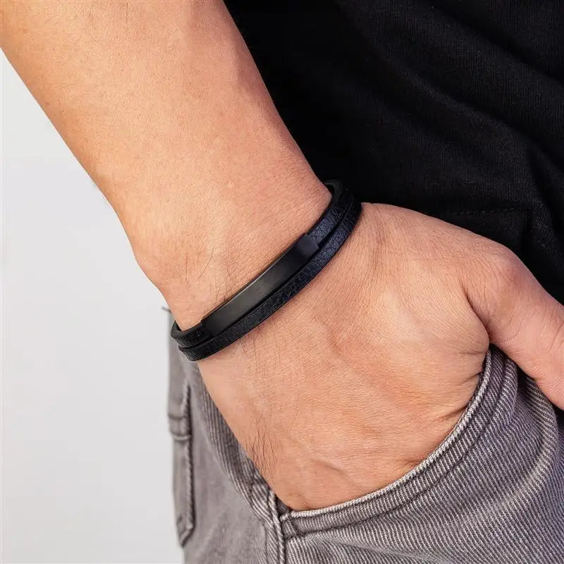 Black Genuine Leather Bracelet - Stainless Steel Magnetic Clasp