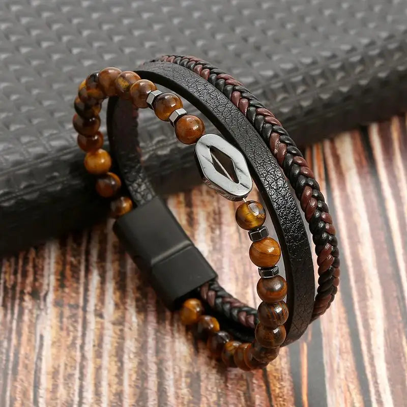 High Quality Leather Bracelet - Tiger Eye Beads with Magnetic Clasp