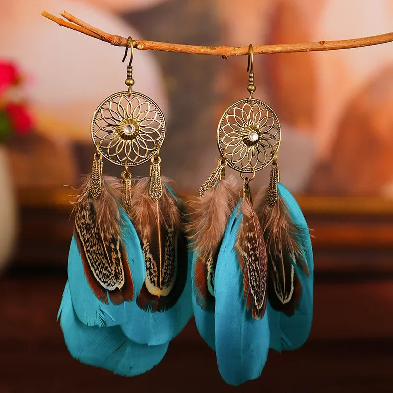 Vintage Bohemian Feather Drop Earrings - Long Tassel Design
