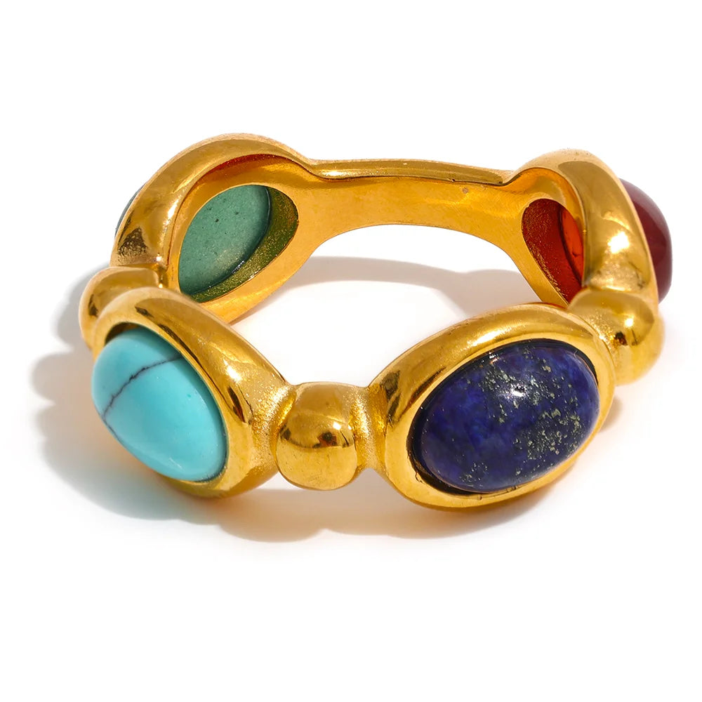 Colorful Agate Stone Ring - Gold Plated Geometric Design