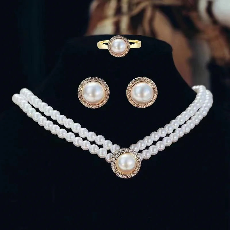 Pearl Bridal Jewelry Set - Necklace, Earrings, and Ring