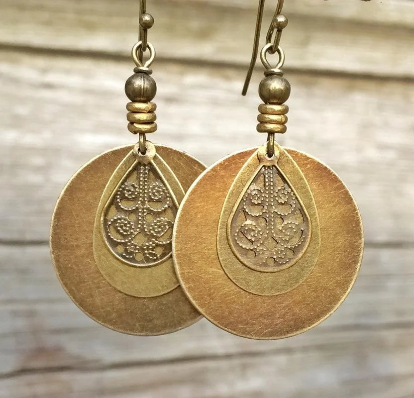 Round Bronze Carved Earrings - Ethnic Style Drop Earrings