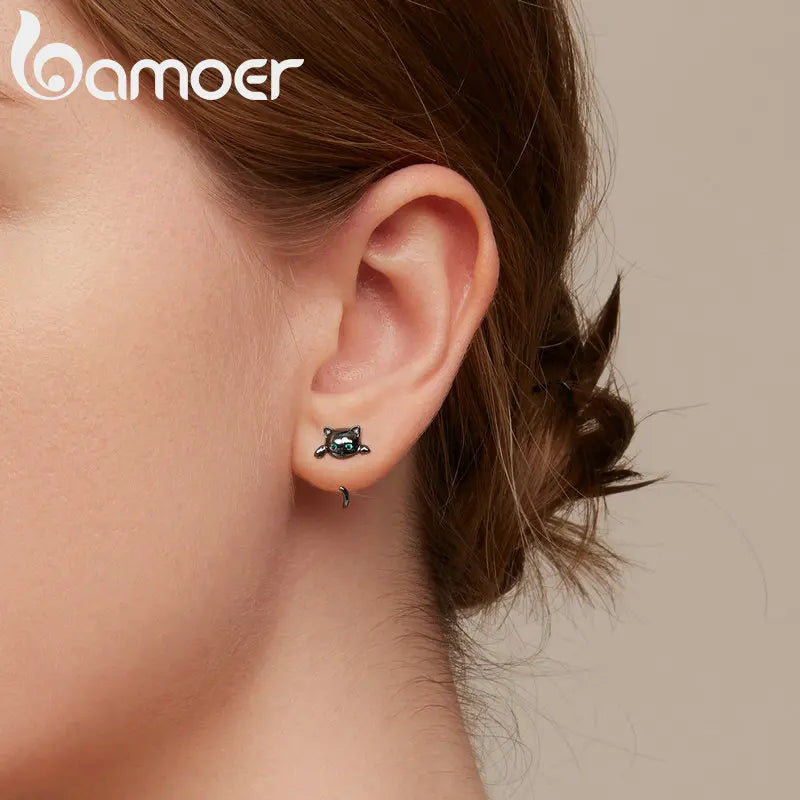 Cute Cat Stud Earrings - 925 Sterling Silver with Zircon