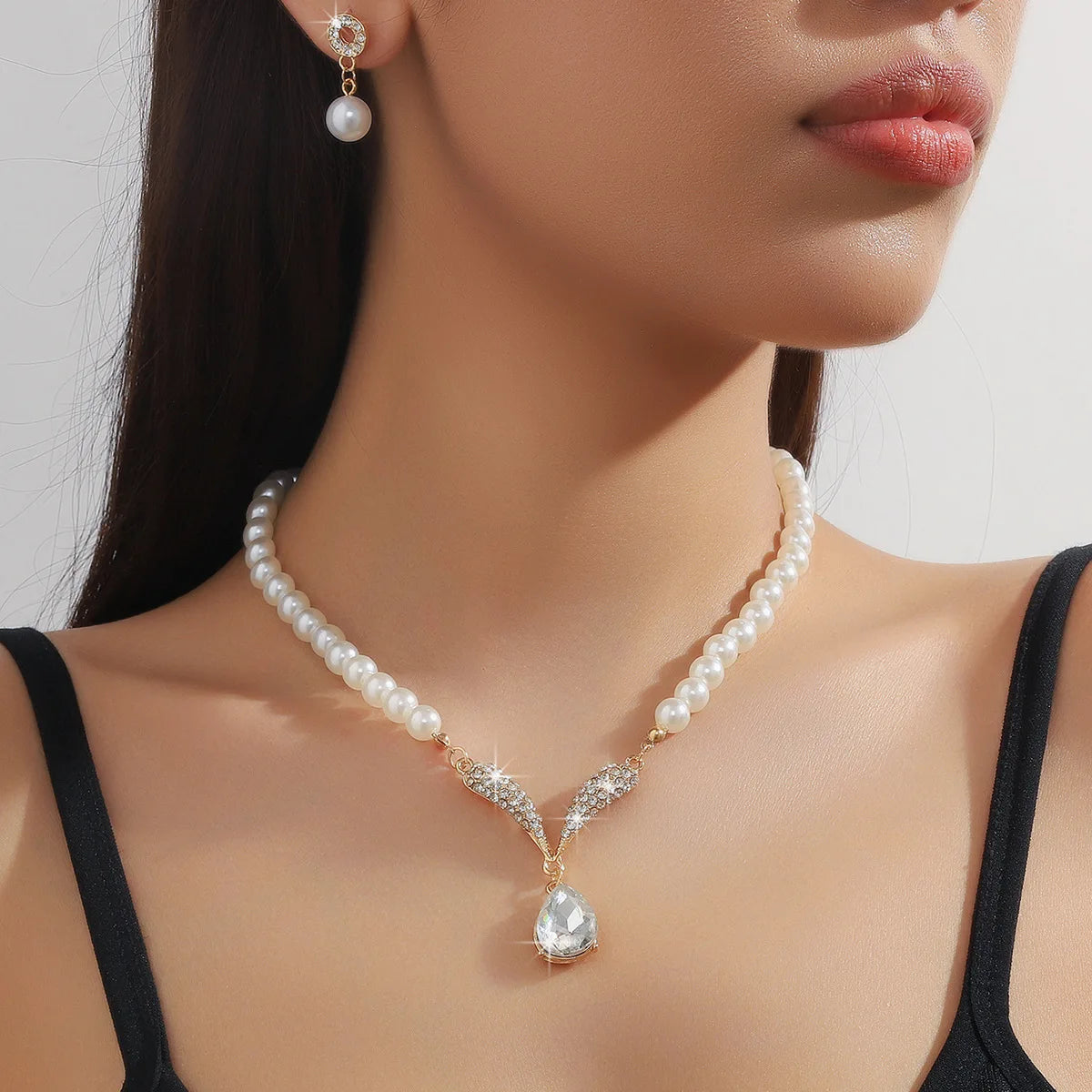 Simulated Pearl Bridal Jewelry Set - Necklace and Earrings