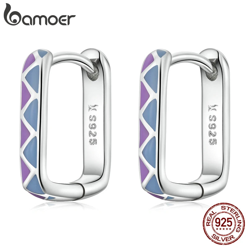 Contrast-Color Hoop Earrings - 925 Sterling Silver Square Design