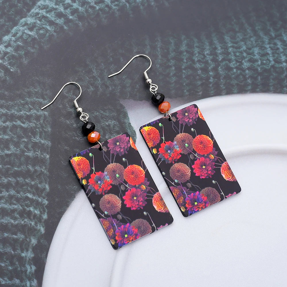 Black Acrylic Flower Drop Earrings - Geometric Design