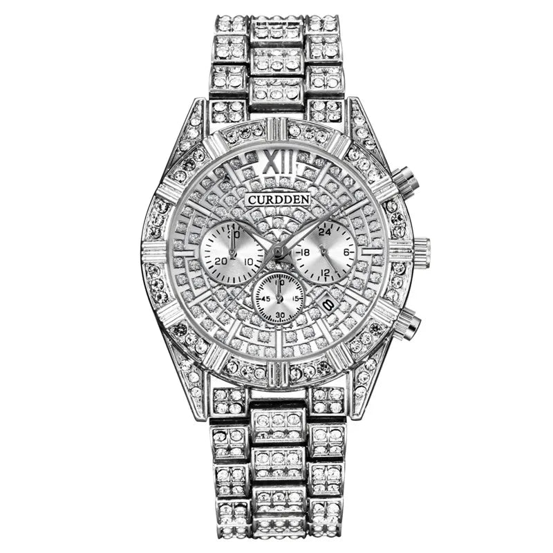 Crystal Quartz Watch with Calendar - Luxury Alloy Wristwatch