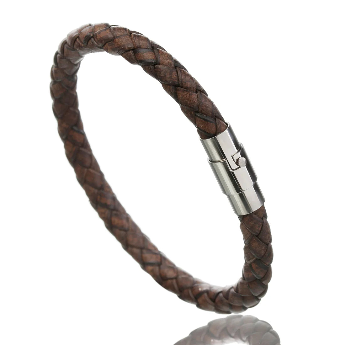Genuine Braided Leather Bracelet - Stainless Steel Magnetic Clasp