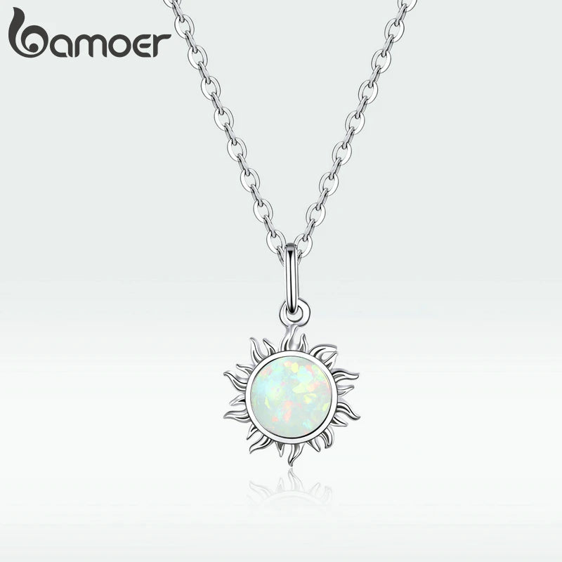 Sterling Silver White Opal Sun Pendant Necklace - 925 Silver