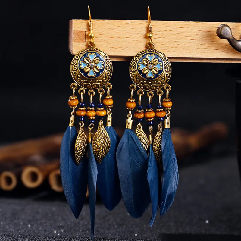 Vintage Bohemian Feather Drop Earrings - Long Tassel Design