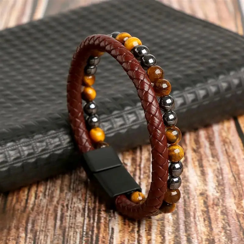 High Quality Leather Bracelet - Tiger Eye Beads with Magnetic Clasp
