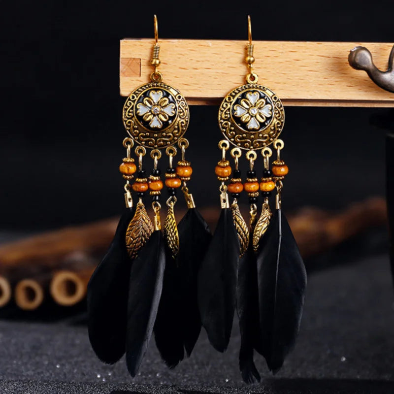 Vintage Bohemian Feather Drop Earrings - Long Tassel Design