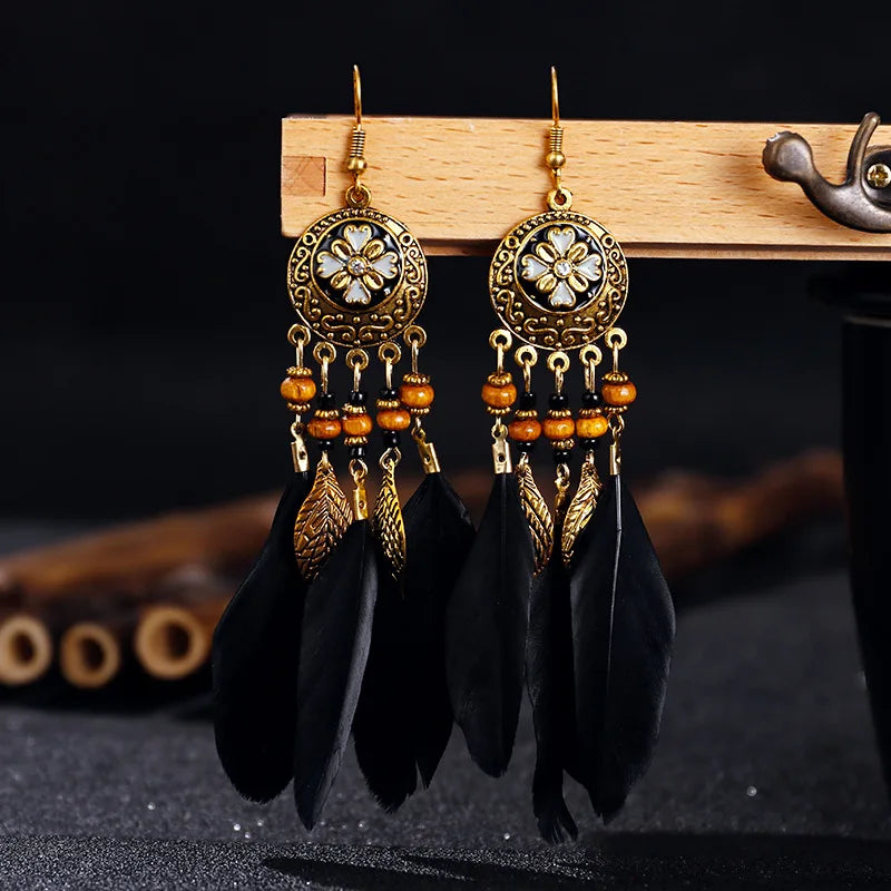 Vintage Bohemian Feather Drop Earrings - Long Tassel Design