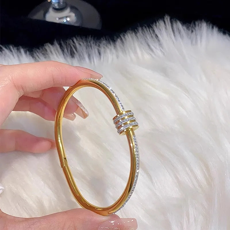 Gold Titanium Bangle with Zircon - Stainless Steel Design