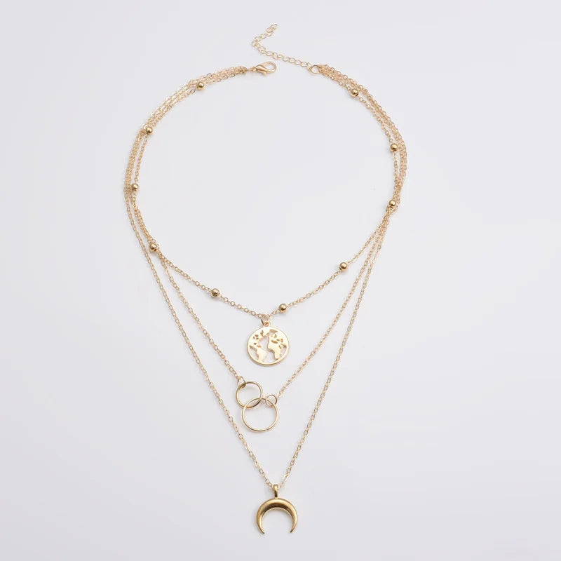 Bohemian Multilayer Moon Pendant Necklace - Gold Plated