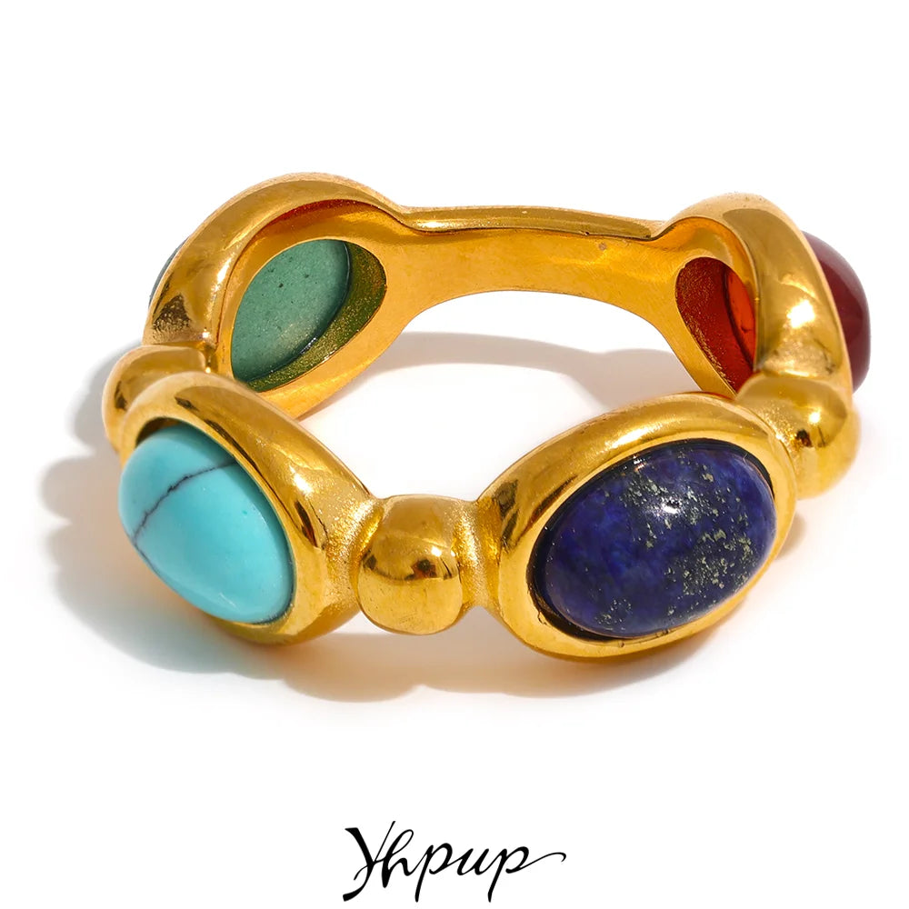 Colorful Agate Stone Ring - Gold Plated Geometric Design