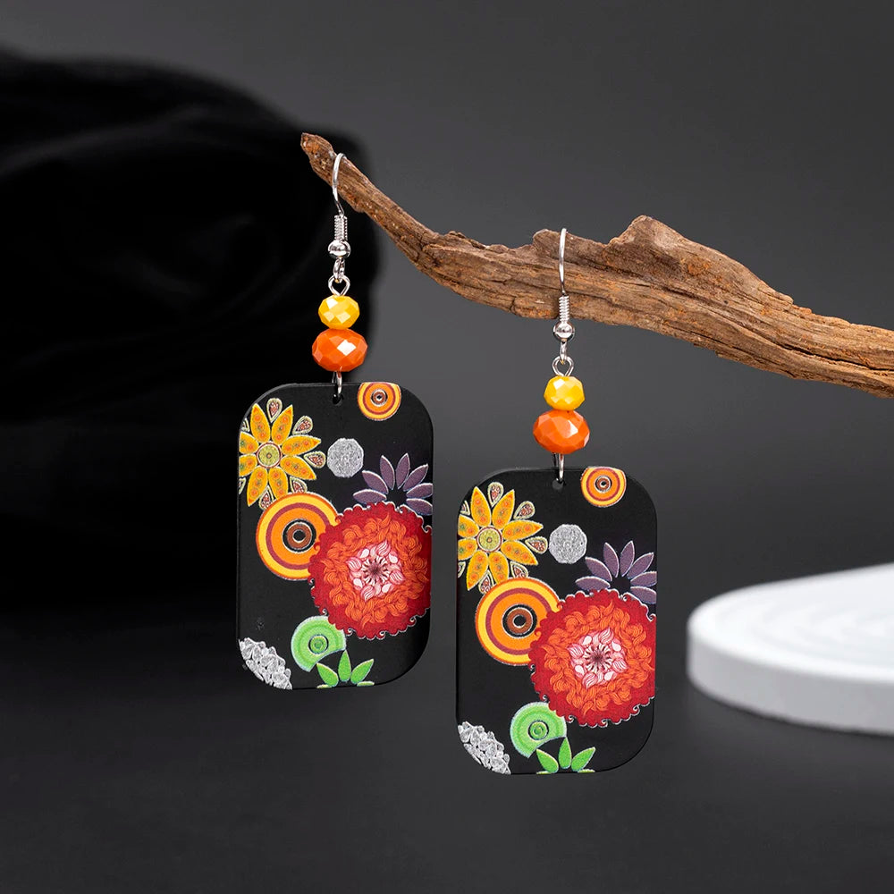 Black Acrylic Flower Drop Earrings - Geometric Design