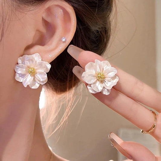 White Flower Stud Earrings - Delicate Floral Design