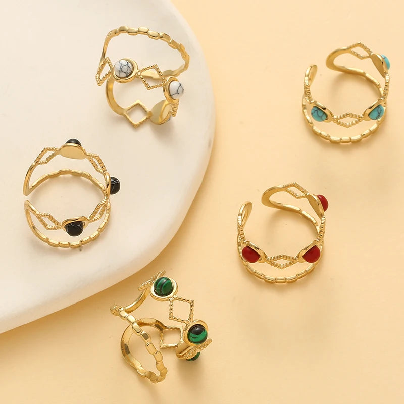 Trendy Layered Stone Ring - Stainless Steel Geometric Design