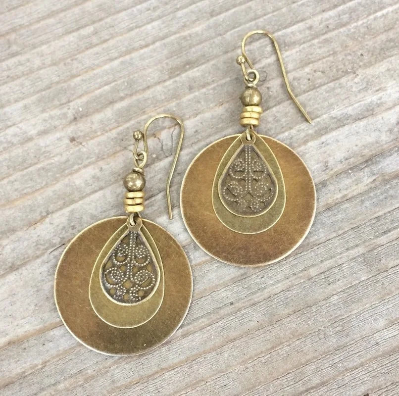 Round Bronze Carved Earrings - Ethnic Style Drop Earrings