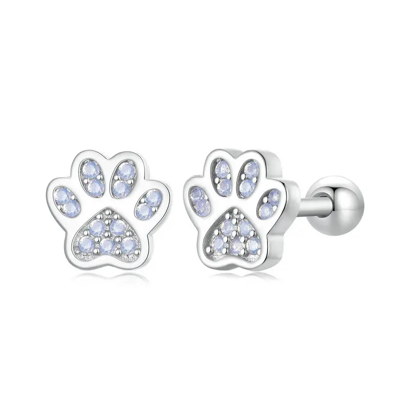 Animal Paw Footprints Stud Earrings - 925 Sterling Silver with Opal