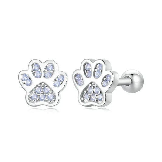 Animal Paw Footprints Stud Earrings - 925 Sterling Silver with Opal