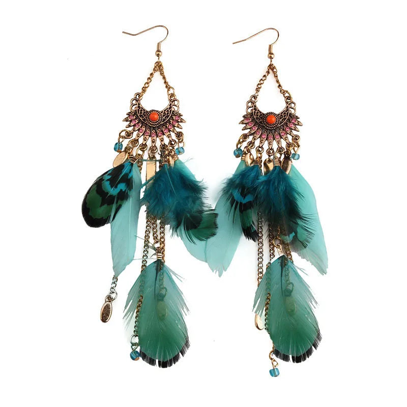 Vintage Bohemian Feather Tassel Earrings - Handmade Ethnic Design