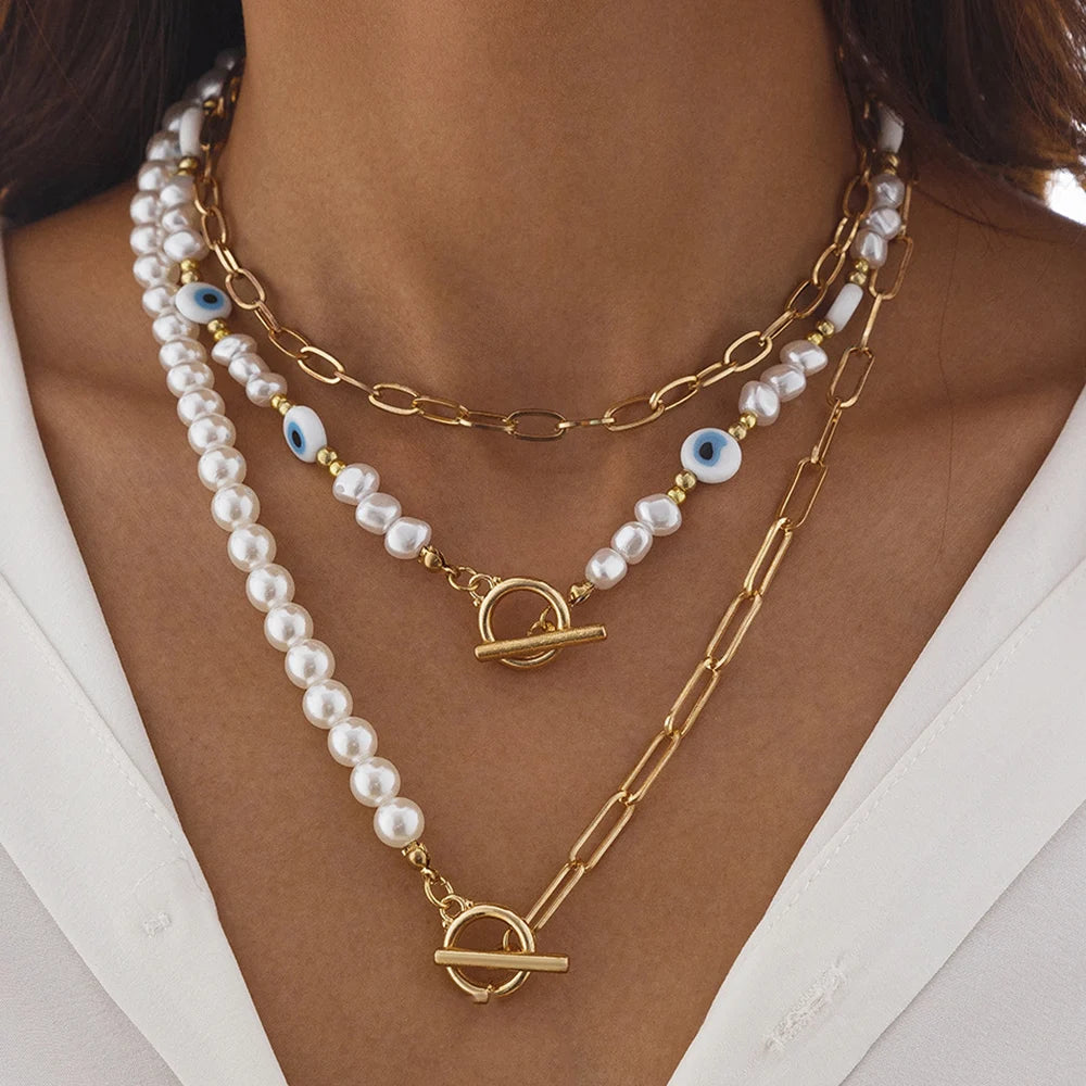 Layered Pearl and Chain Pendant Necklace