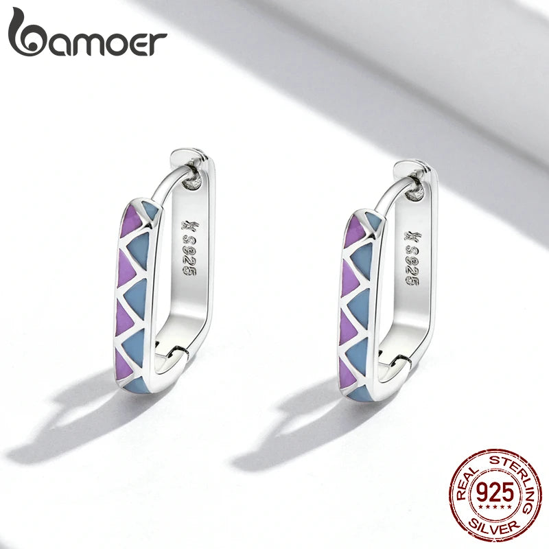 Contrast-Color Hoop Earrings - 925 Sterling Silver Square Design