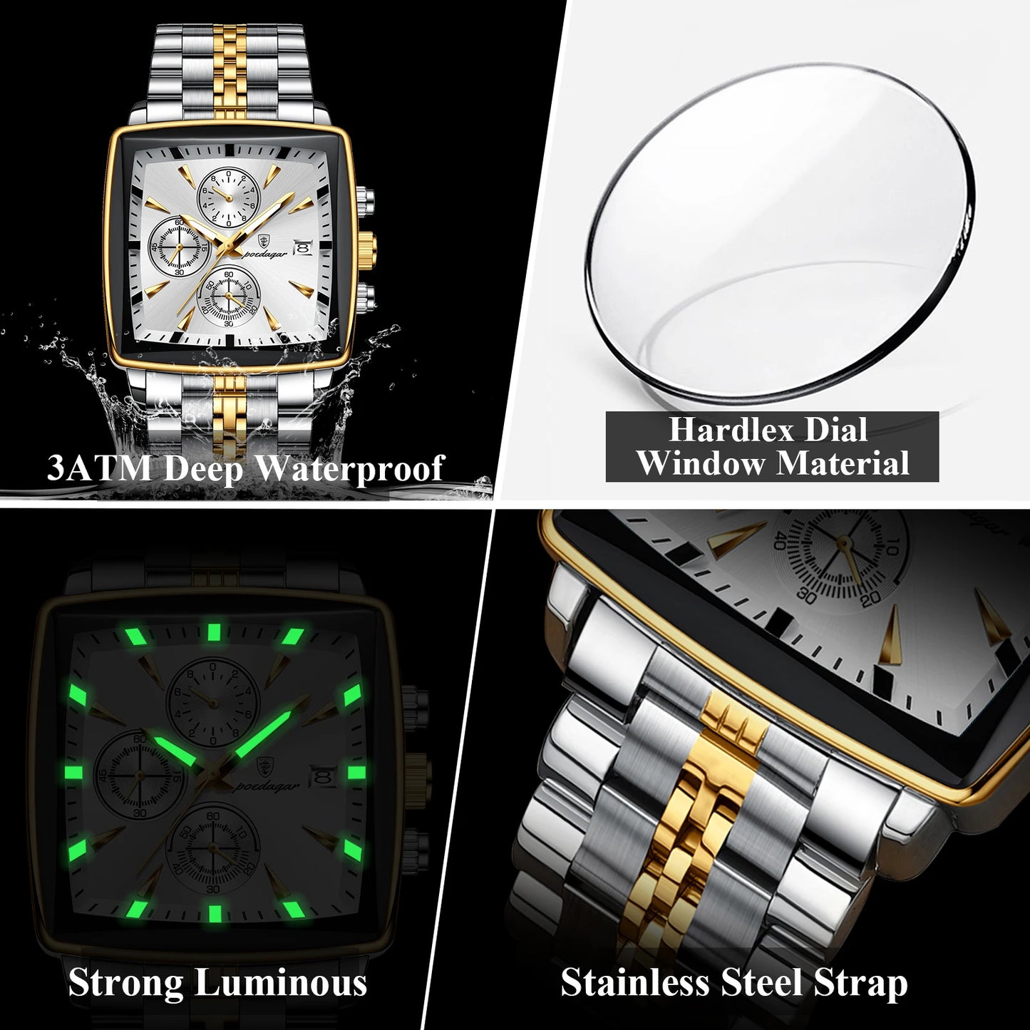 Luxury Square Watch with Chronograph - Stainless Steel Men's Timepiece