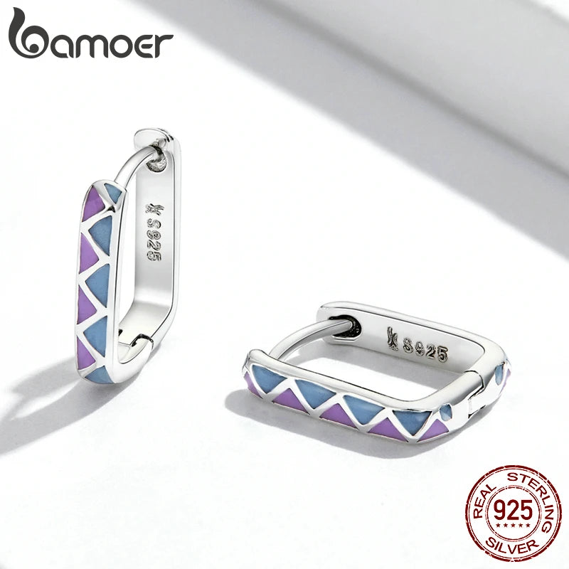 Contrast-Color Hoop Earrings - 925 Sterling Silver Square Design