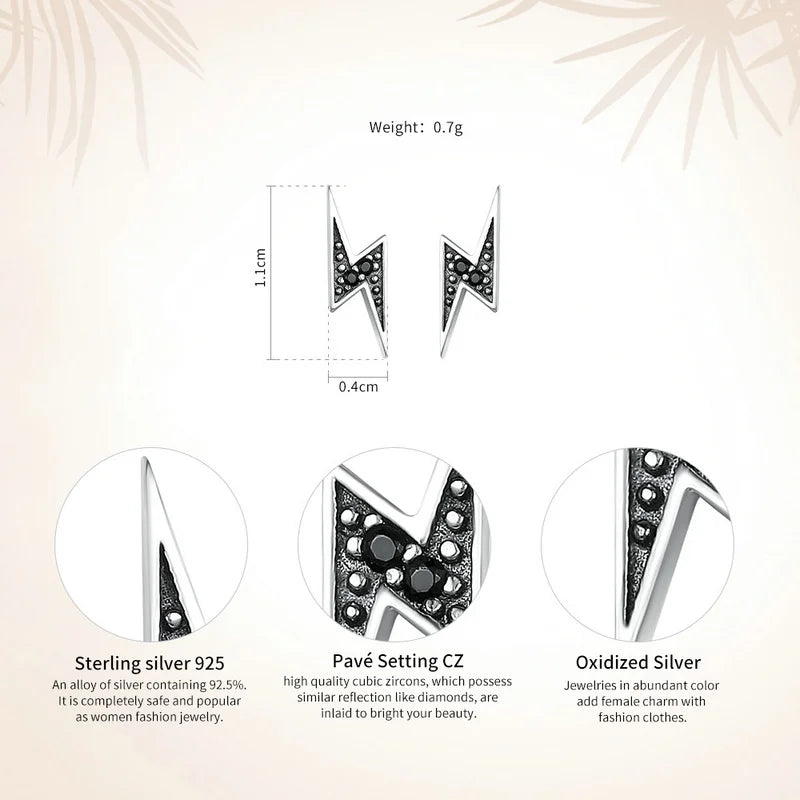 Lightning Black CZ Stud Earrings - 925 Sterling Silver