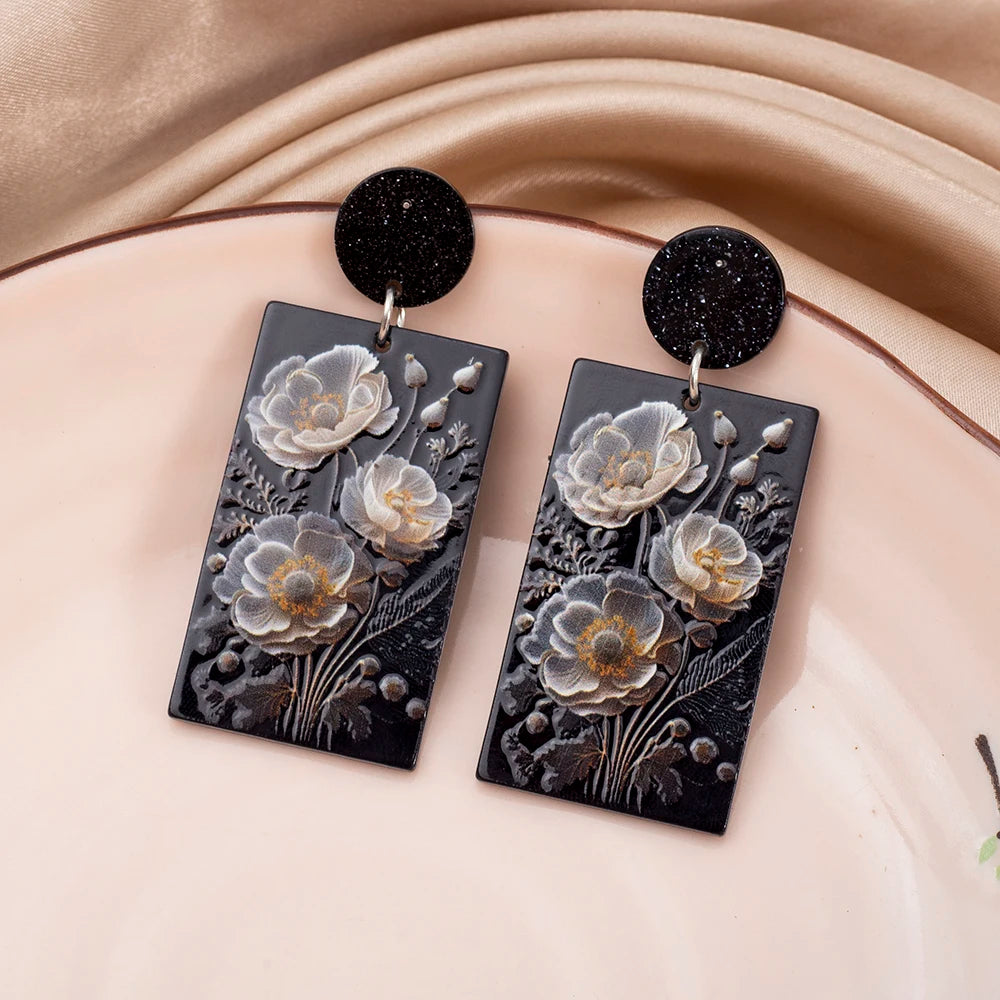 Black Acrylic Flower Drop Earrings - Geometric Design