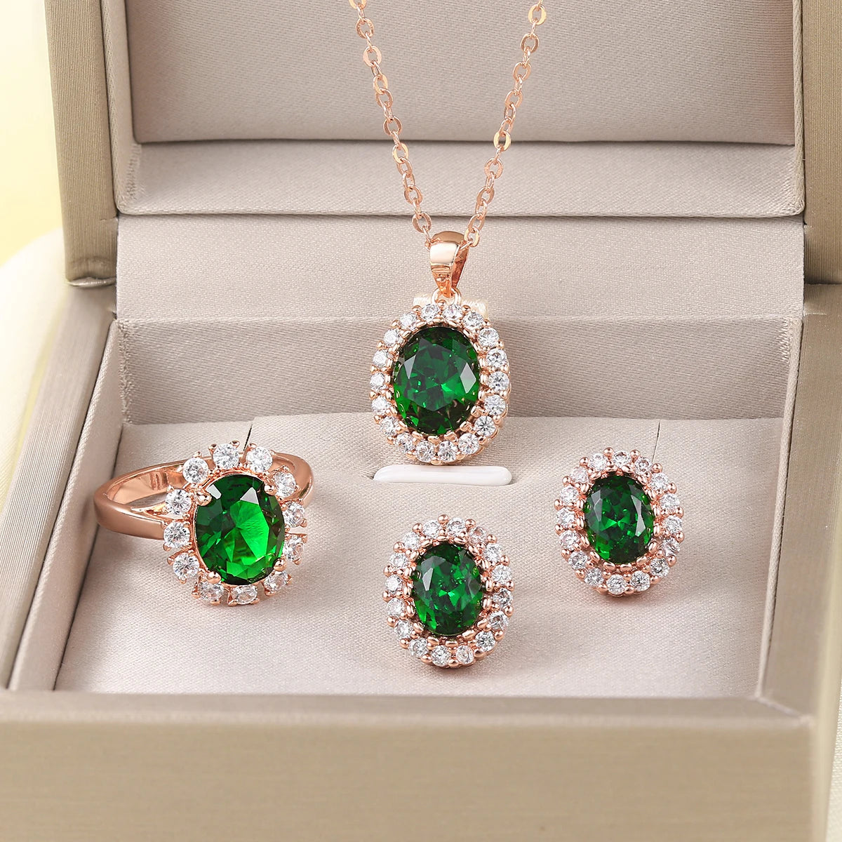 Rose Gold Green Crystal Pendant Necklace - Elegant Design