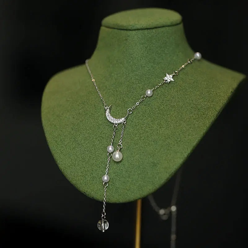 Sparkling Moon and Star Pearl Necklace