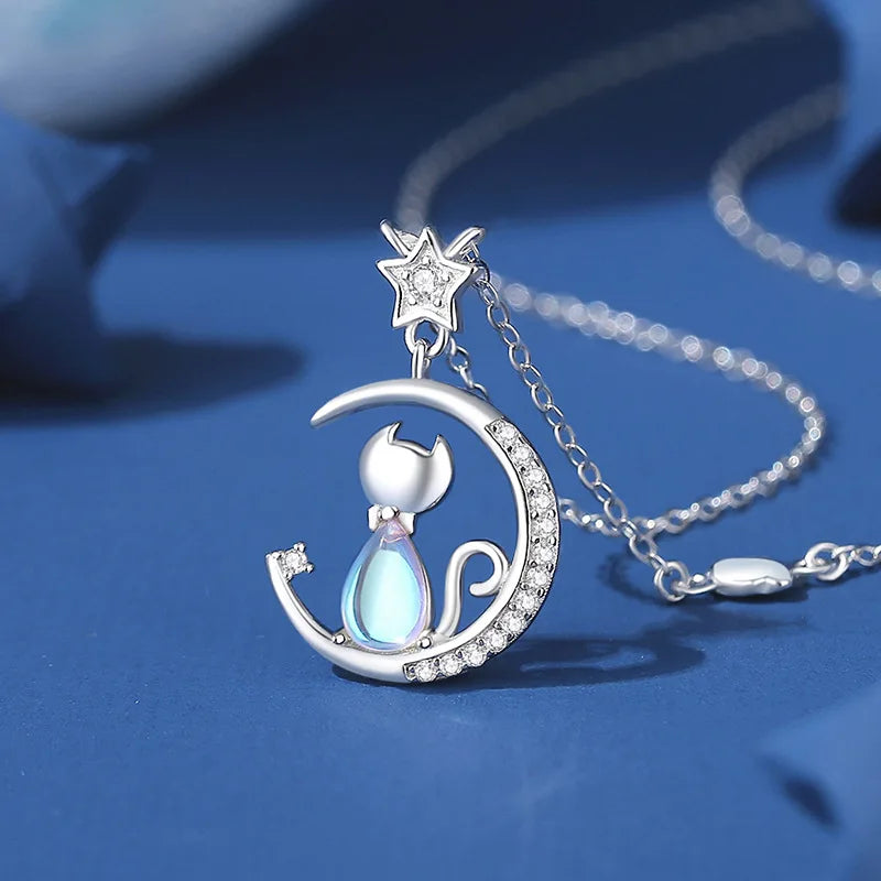 Celestial Cat Moon Pendant Necklace