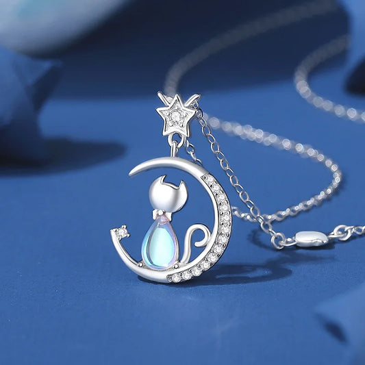Celestial Cat Moon Pendant Necklace