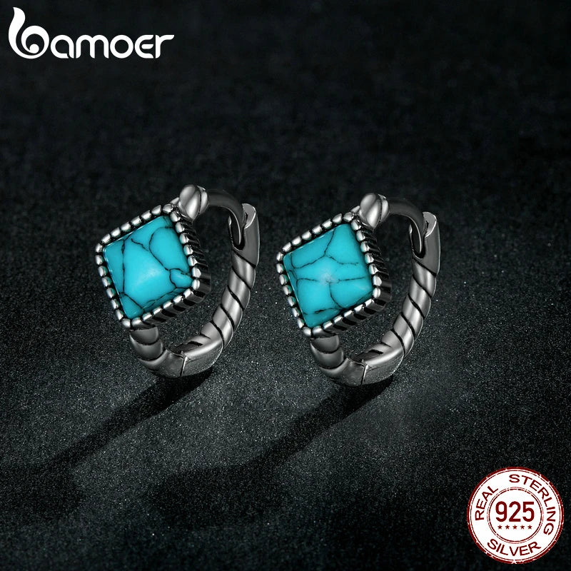 Blue Square Turquoise Earrings - 925 Sterling Silver