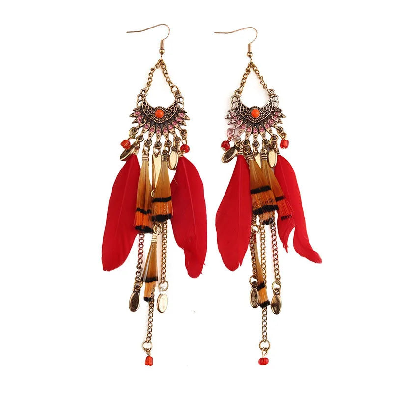 Vintage Bohemian Feather Tassel Earrings - Handmade Ethnic Design