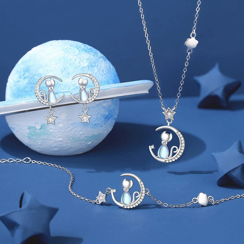 Celestial Cat Moon Pendant Necklace
