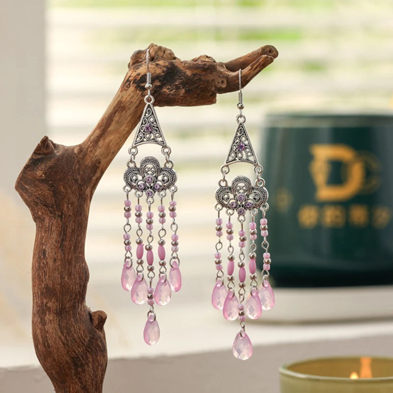 Bohemian Fringed Tassel Drop Earrings - Ethnic Acrylic Design