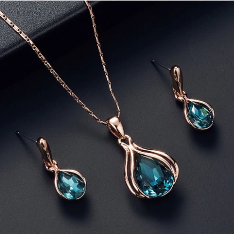 Blue Water Drop Jewelry Set - Classic Necklace and Earrings