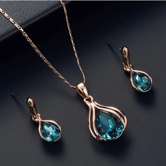 Blue Water Drop Jewelry Set - Classic Necklace and Earrings