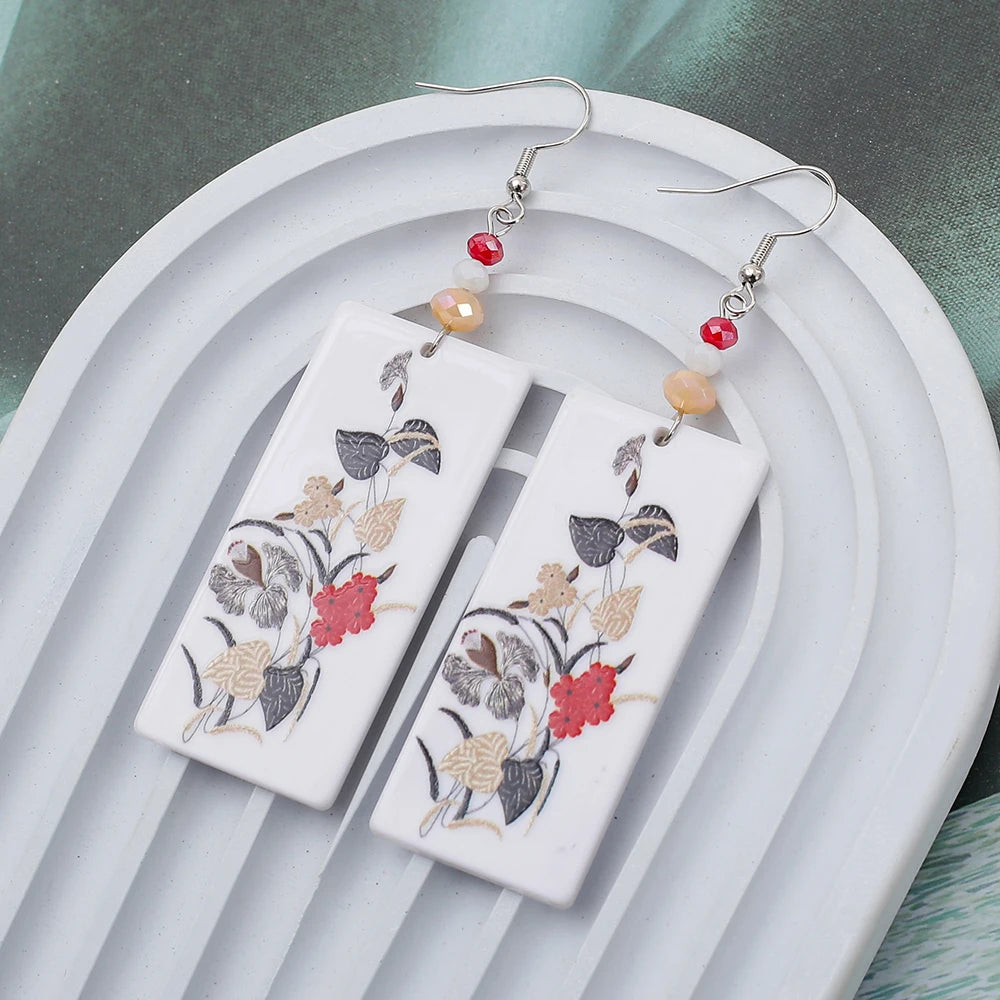 Black Acrylic Flower Drop Earrings - Geometric Design