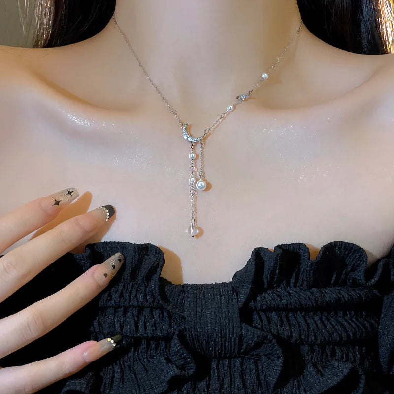 Sparkling Moon and Star Pearl Necklace